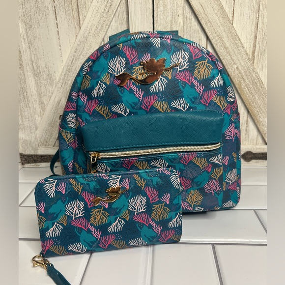 Disney princess Vibrant Teal and Coral Pattern Backpack with wallet - Picture 1 of 14